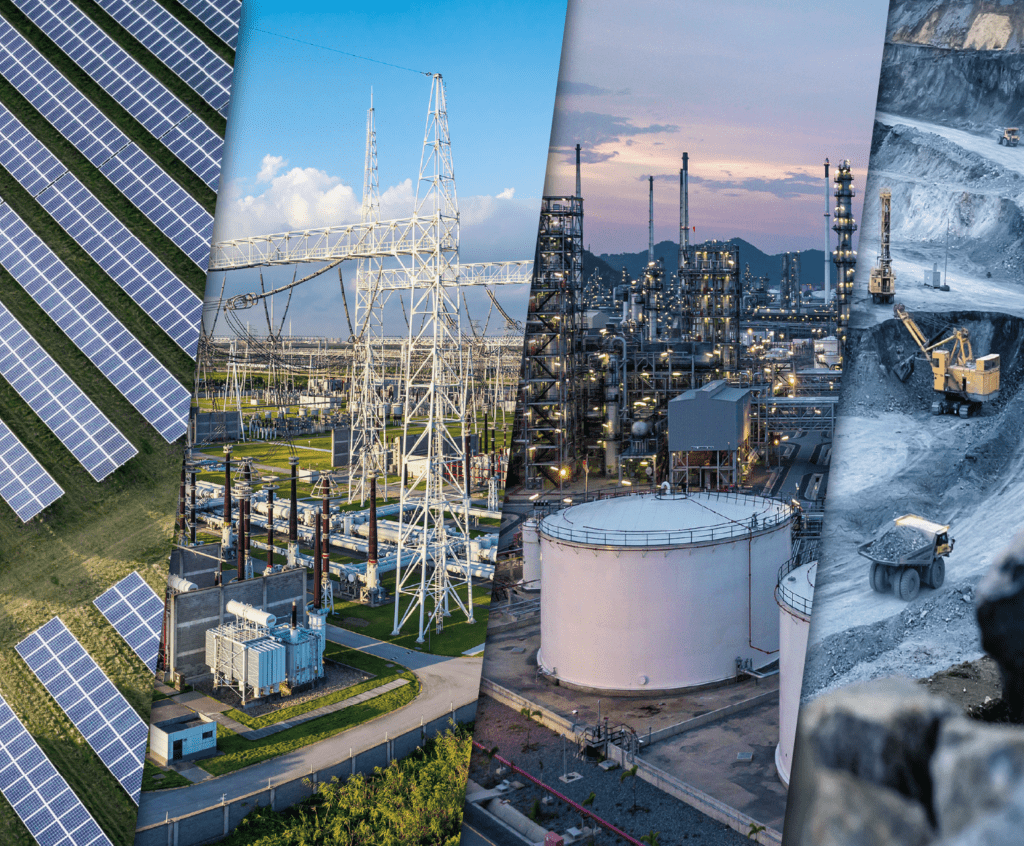 Composite image of energy infrastructure showing solar farm, electrical transmission substation, industrial refinery, and open-pit mining operations.