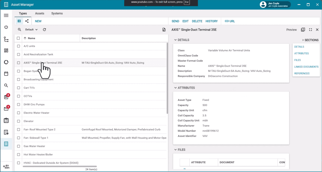 Kahua asset manager interface showing equipment list with detailed asset attributes, specifications, and associated documents.
