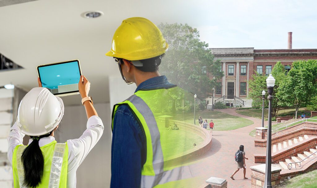 Facilities professionals using a tablet to assess campus buildings and infrastructure in a higher education environment.